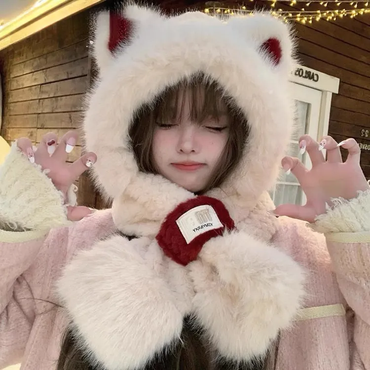 小熊帽子冬女围巾手套一体连帽冬季围脖可爱保暖毛绒冬天两件套HR