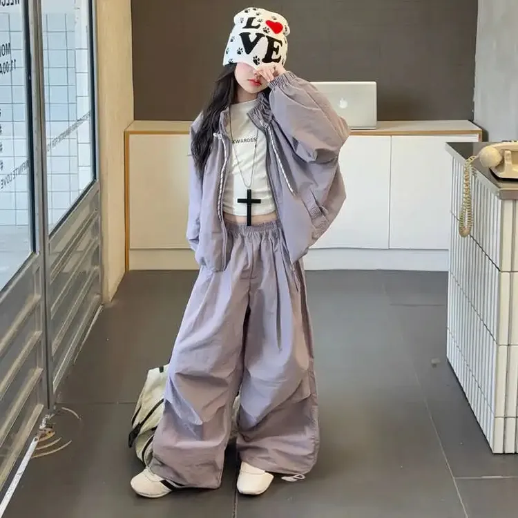 女童户外套装2025年儿童春秋装高领外套阔腿裤运动休闲三防两件套