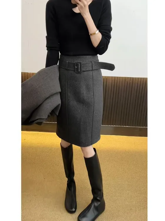 【LIUER】2025韩系秋冬高腰气质高级感百搭显瘦开叉毛呢半身裙女