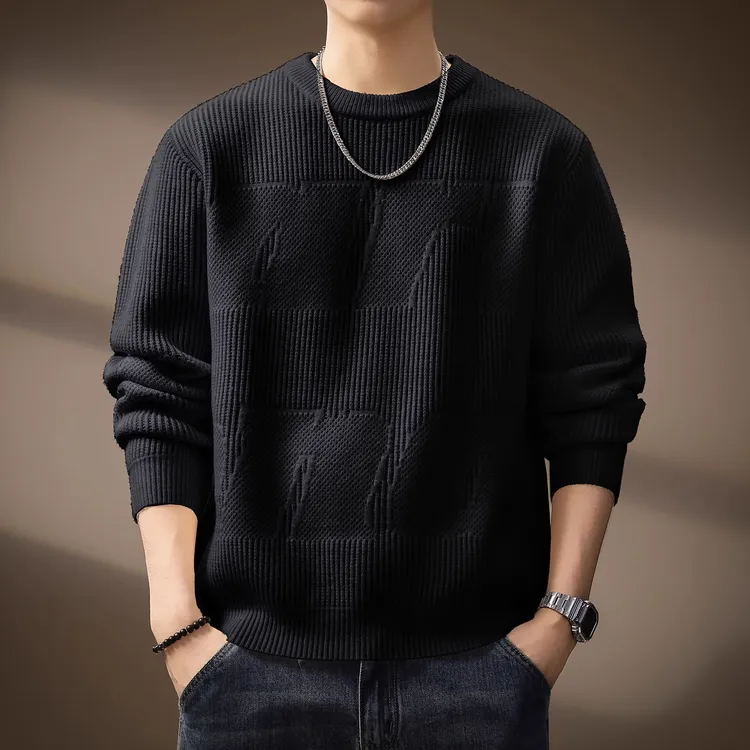 复古纹理字母提花圆领毛衣男秋冬新款加绒加厚宽松大码长袖打底衫