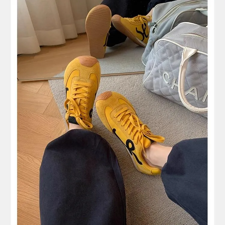 罗家王一bo杨mi同款黄色德训鞋女内增高平底休闲阿甘鞋大码41-43