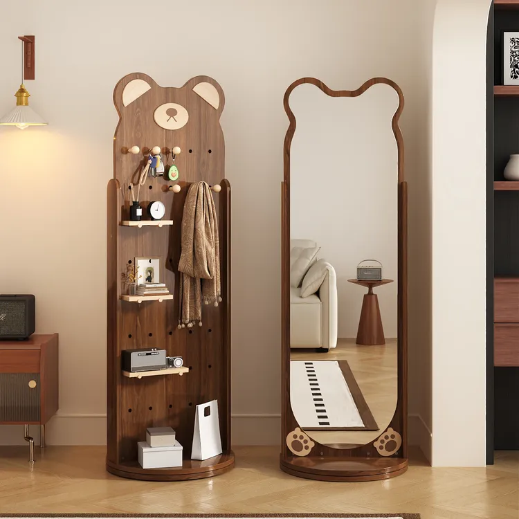穿衣镜小熊洞洞板可旋转全身镜落地镜家用衣挂一体镜卧室试衣镜子