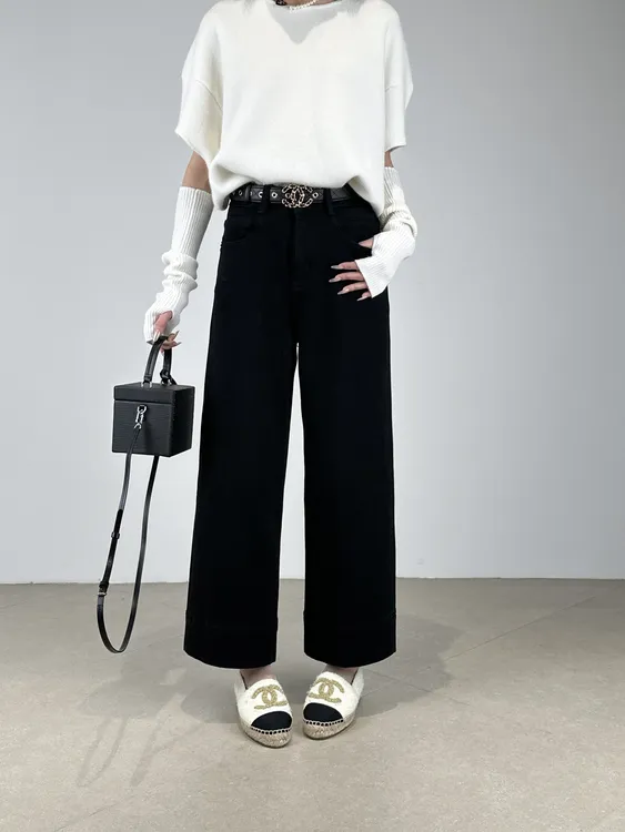 【现货】Kabodo71706A加绒阔腿牛仔裤女冬高腰黑色九分奶奶裤