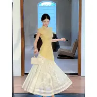 凌茜恣禾【棠梨影】国风新中式黄色流苏假两件连衣裙复古改良旗袍裙
