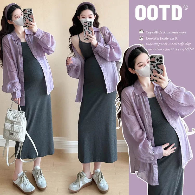 孕妇连衣裙春秋款2025新款时尚长袖衬衫法式宽松遮肚吊带裙两件套