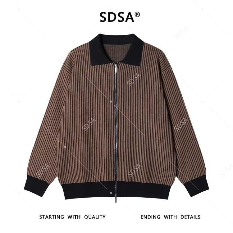 SDSA男士秋冬新款痞帅男装潮牌拼接撞色条纹翻领毛衣外套百搭时尚