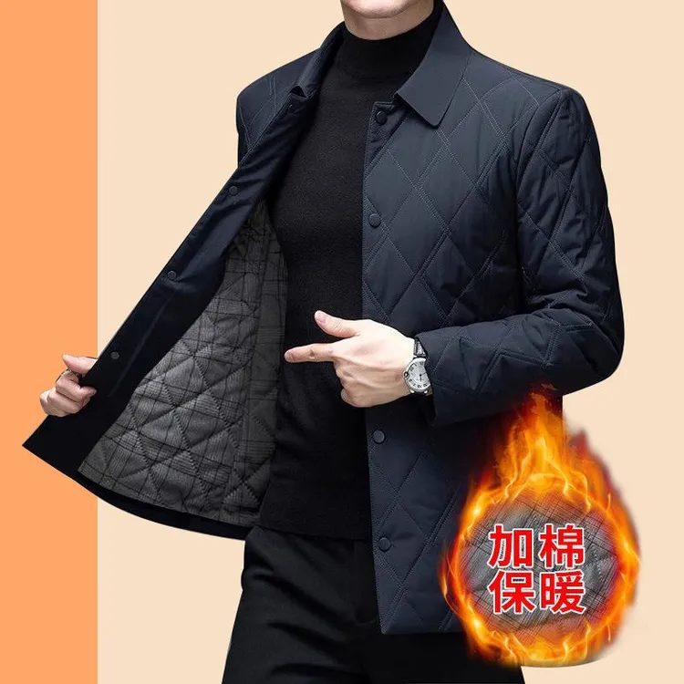 秋冬新款防风耐磨翻领棉衣棉服男士流苏男绗缝长袖格子保暖中老年