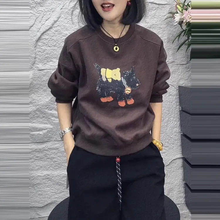 韩系新款通勤小狗印花圆领卫衣女秋冬时尚设计感短款显瘦长袖上衣