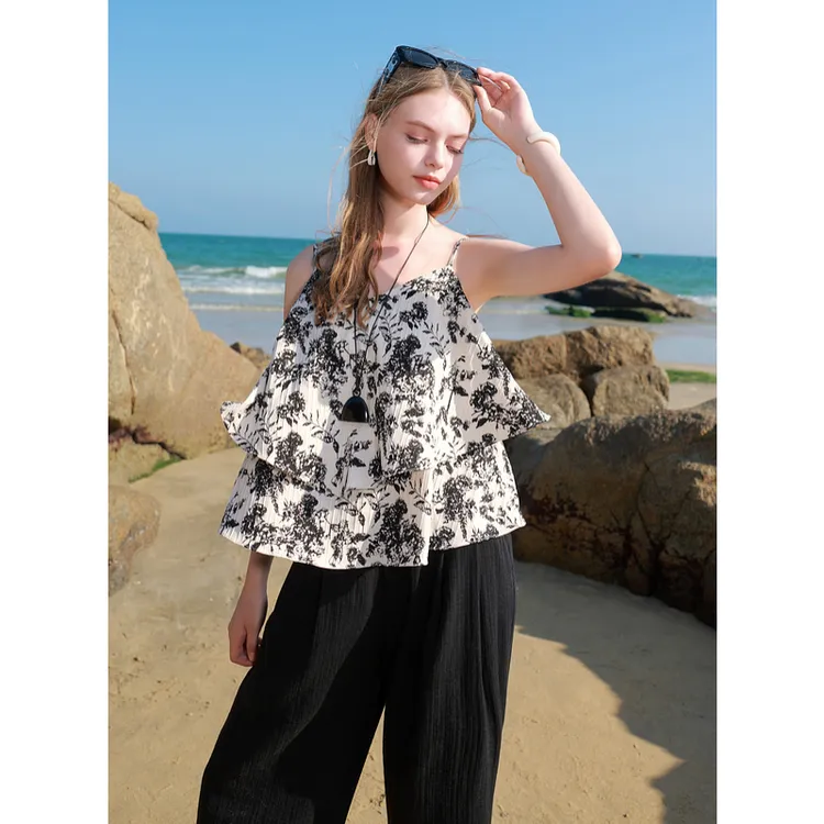 三彩2025夏季新款荷叶边吊带娃娃衫水墨无袖上衣套头衬衣衬衫女M