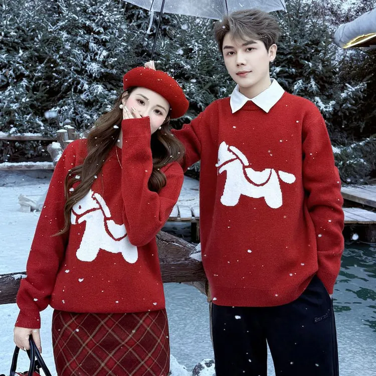 马年情侣毛衣新年穿搭2026新款本命年礼物秋冬装红色针织衫外套女