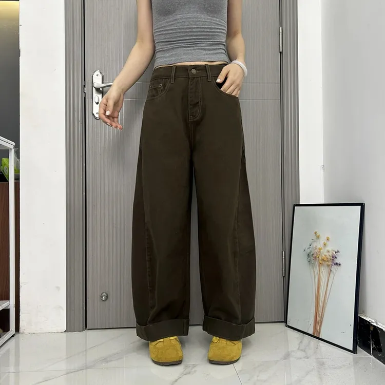秋季橄榄色老爹裤女2025爆款微胖显瘦百搭牛仔裤高腰宽松哈伦裤女