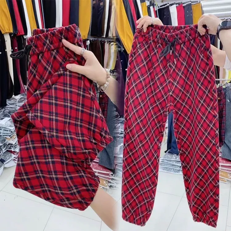 复古圣诞穿搭红色格纹休闲裤女秋冬2026新款宽松垂感休闲裤卫裤韩