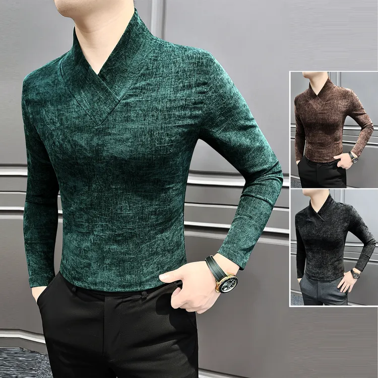 V领雪尼尔男士打底衫冬季男款爆款2025新款高级感男装修身内搭T恤
