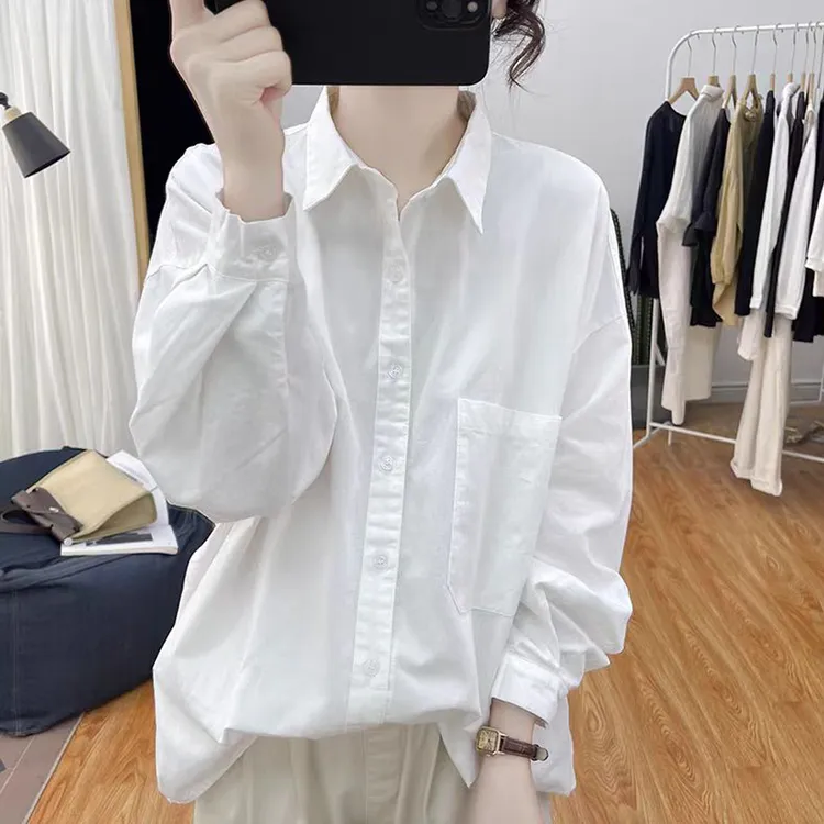 港风复古纯棉宽松POLO领长袖衬衫女秋装2025新款休闲衬衣外搭上衣