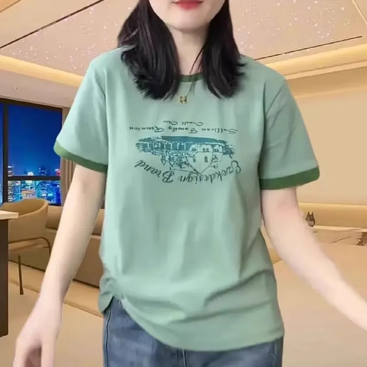 大码女装印花正肩短袖t恤女2025夏季新款胖MM宽松遮肚子显瘦上衣