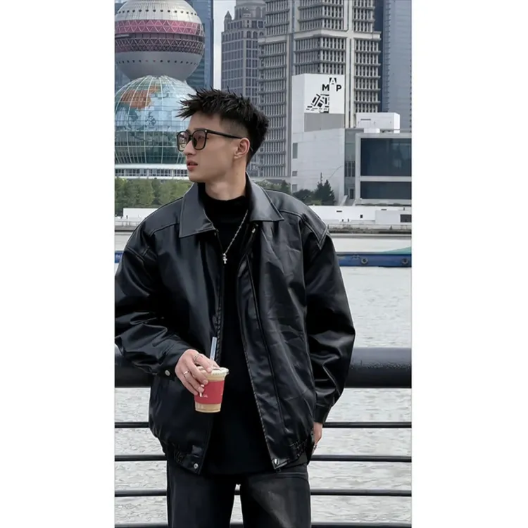 黑色cleanfit皮衣外套男秋冬款高级感痞帅美式复古潮牌机车皮夹克