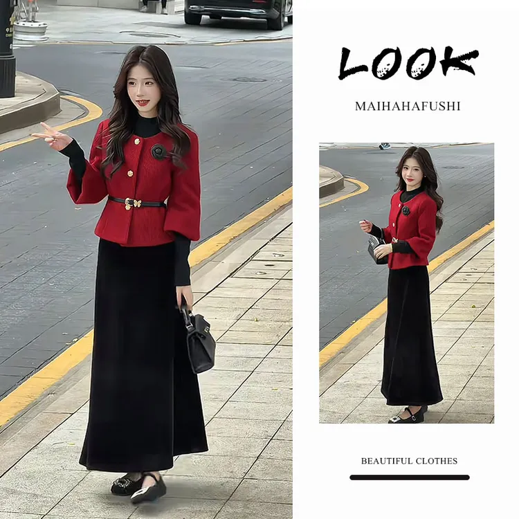 冬季一整套女装2025新款韩版小香风气质短外套打底衫半身裙三件套