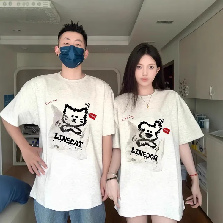夏季纯棉情侣装印花休闲百搭小众潮流韩版恤夏季女款三