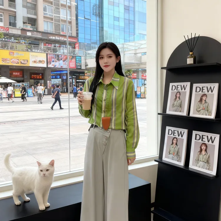 2025早秋新款时尚气质百搭翻领长袖衬衫女韩版高级感显瘦条纹上衣