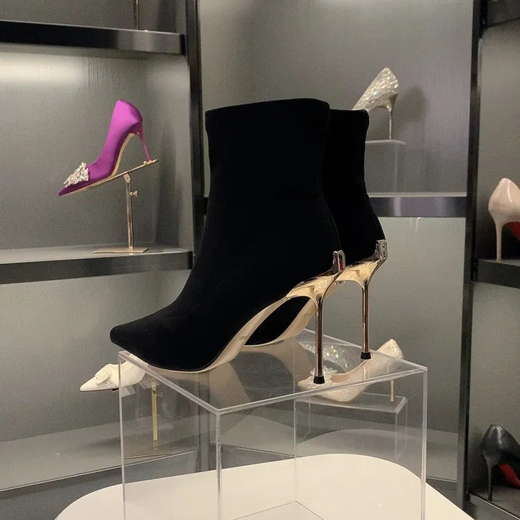 2025秋冬新款高跟鞋方扣水钻瘦瘦靴女尖头绒面细跟短靴显瘦弹力靴