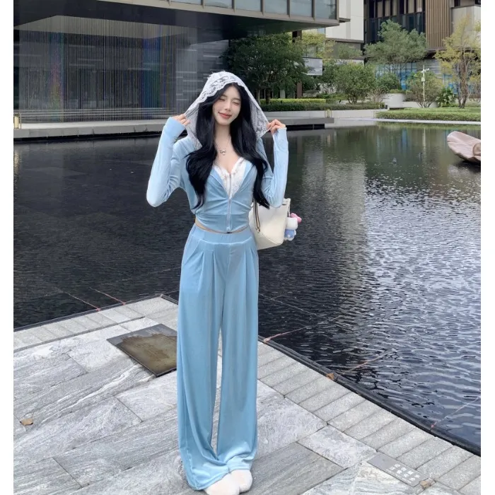 休闲运动套装蓝色蕾丝拼接连帽丝绒外套女装秋季阔腿裤长裤两件套