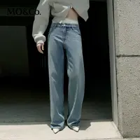 【达人专属】MOCO秋撞色拼接宽松直筒须边牛仔裤MBD3JENT07