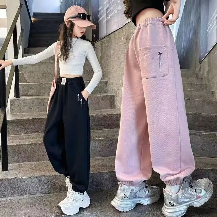女童裤子春秋新款运动裤儿童宽松束脚裤加绒加厚一体绒休闲长卫裤