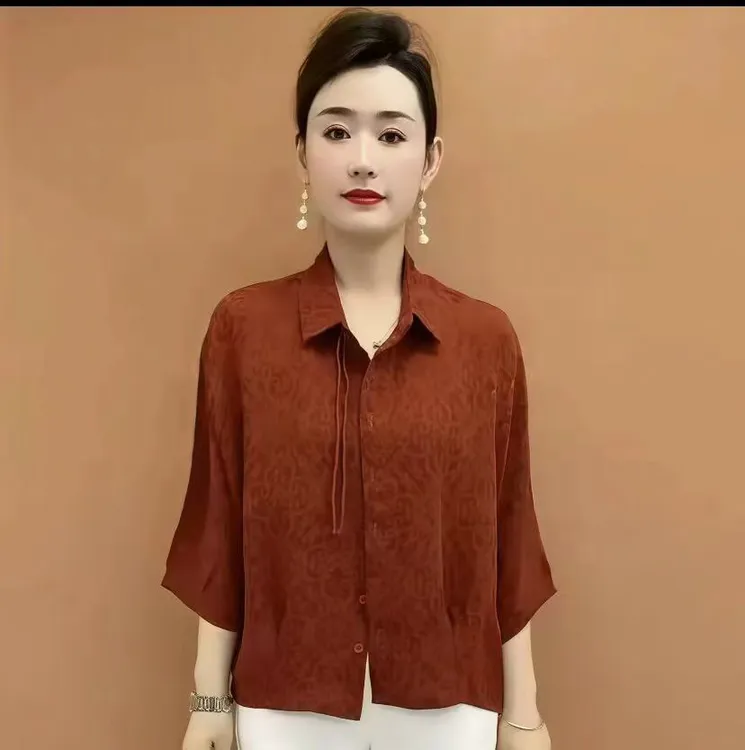 翻领夏季薄款纽扣百搭衬衫夏装纯色中袖妈妈装上衣