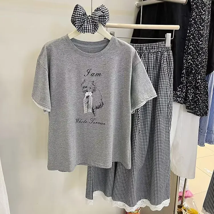 2025春季新款宽松小狗短袖T恤女+高腰格子裙裤带发圈休闲三件套装