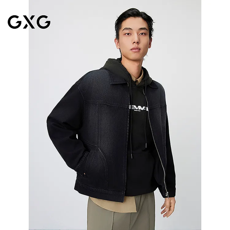GXG男装 黑色拉链式简约牛仔翻领夹克外套25年春新品#G25DE81005