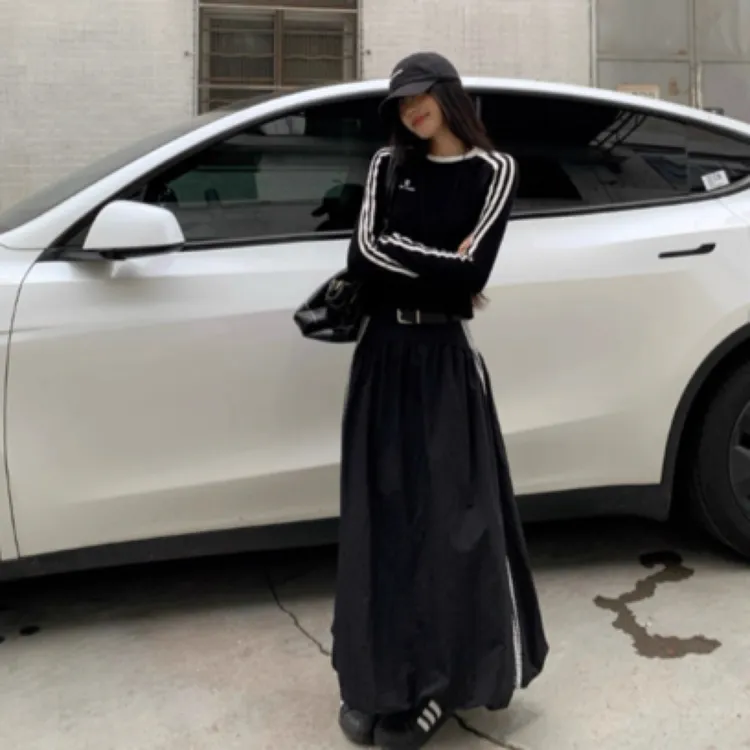 黑色花边条纹工装裙秋季大码胖mm显瘦花苞半身裙-3686