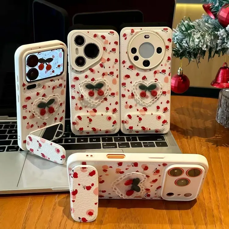 樱桃爱心支架适用苹果17promax/16手机壳小米17vivo华为oppo软套