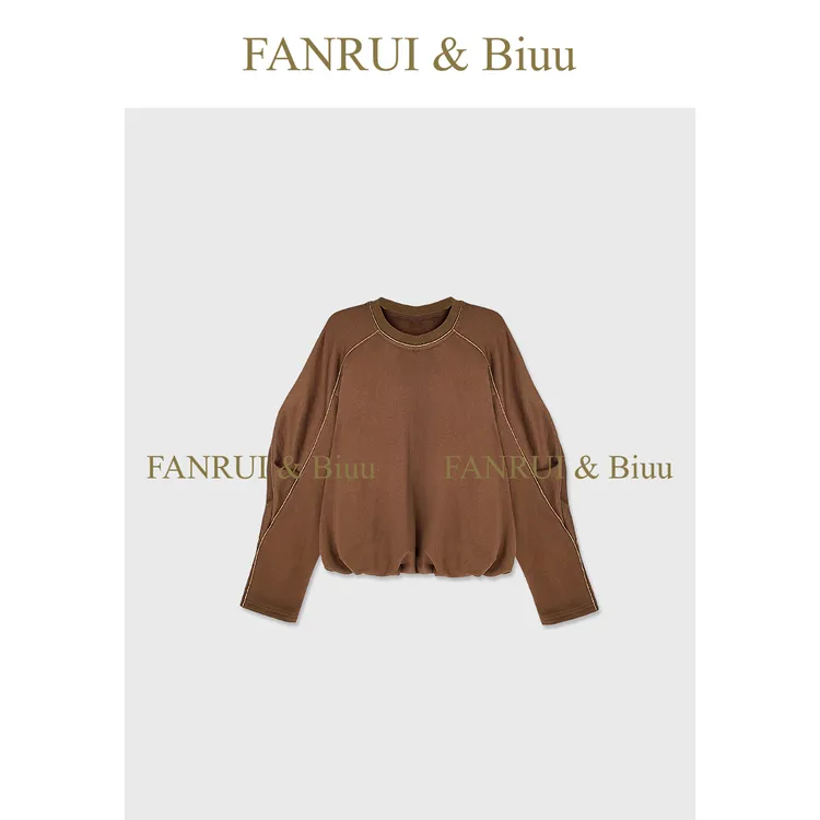 抖音双11泛芮「贝贝biuu」100棉圆领褶褶袖小众设计显瘦卫衣B18714