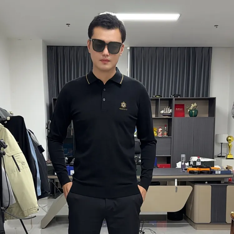 海春秋男士针织翻领长袖秋冬休闲修身百搭时尚打底衫Polo杨柳青