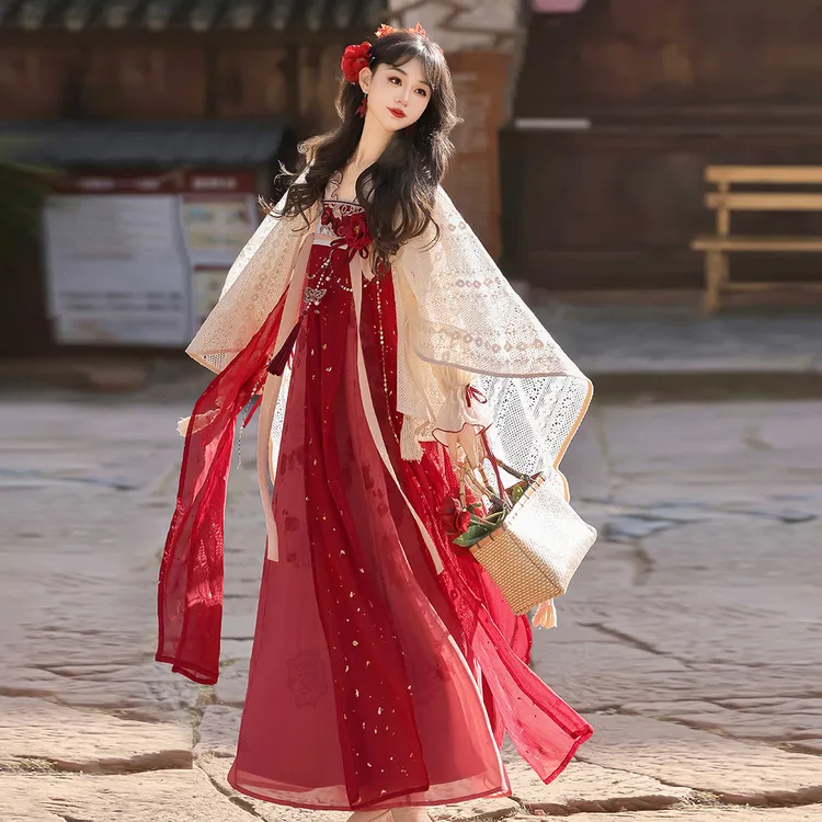 【小春瑰】汉服女装中国风改良汉元素披肩上衣齐胸裙套装红色飘逸