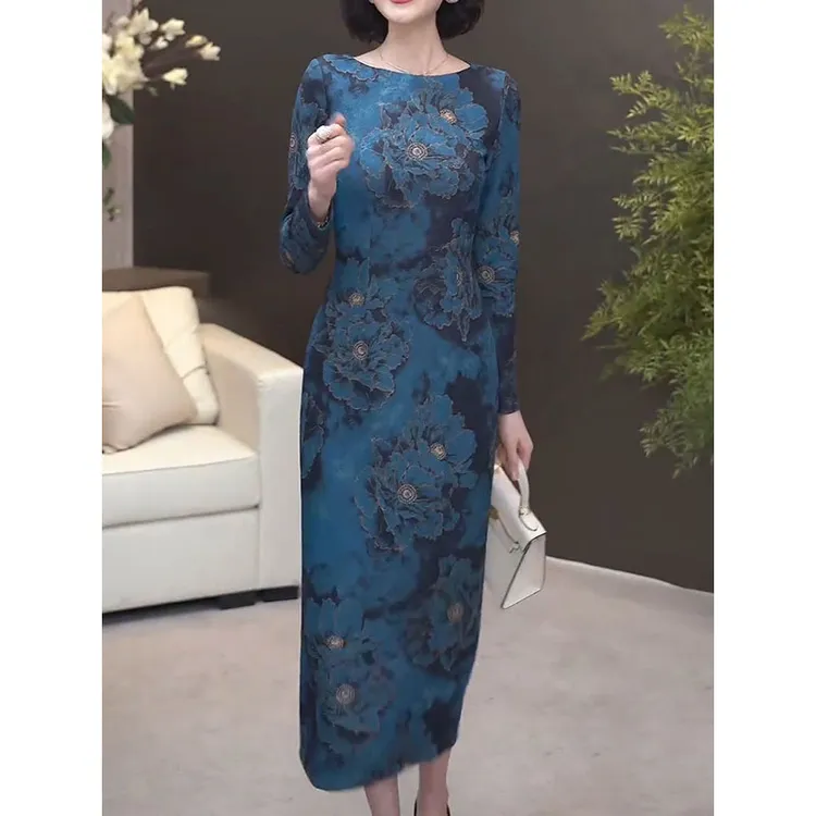 时尚精致简约通勤旗袍连衣裙女2025秋季新款圆领印花晕染设计长裙