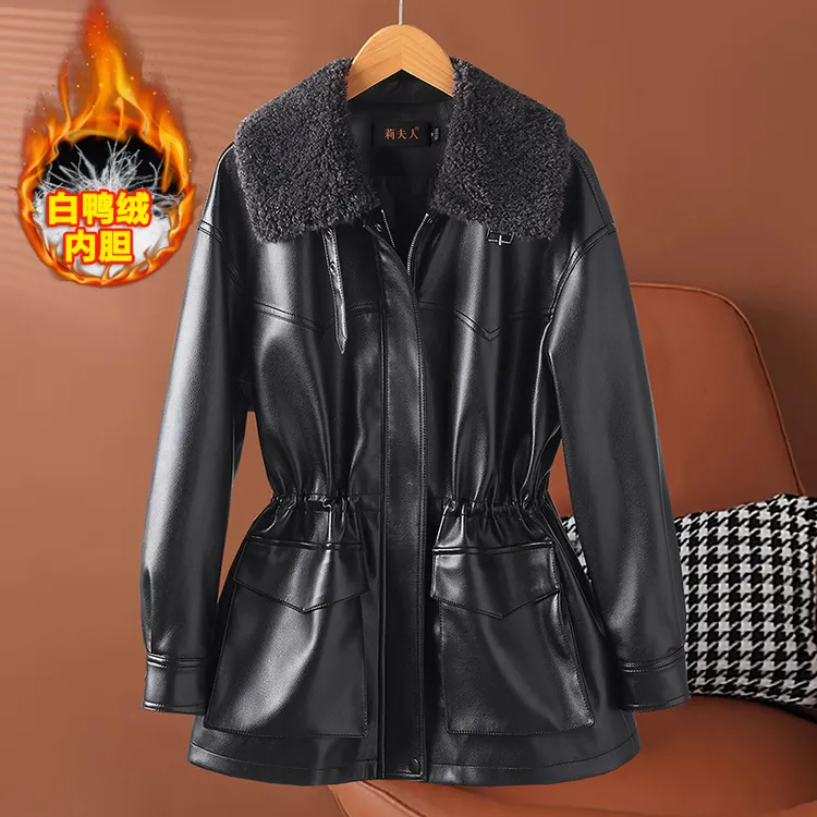 海宁真皮羽绒服皮衣女2025新款绵羊皮拉贡毛领白鸭绒收腰短款外套