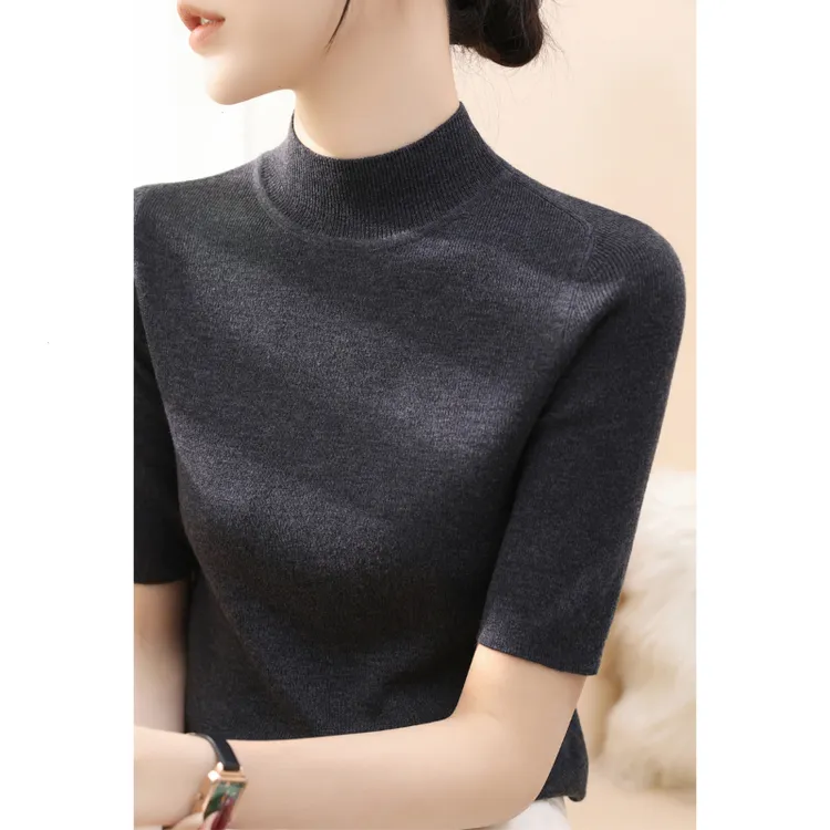 秋季韩系内搭穿搭高级感修身五分袖针织衫中袖女装半高领打底上衣