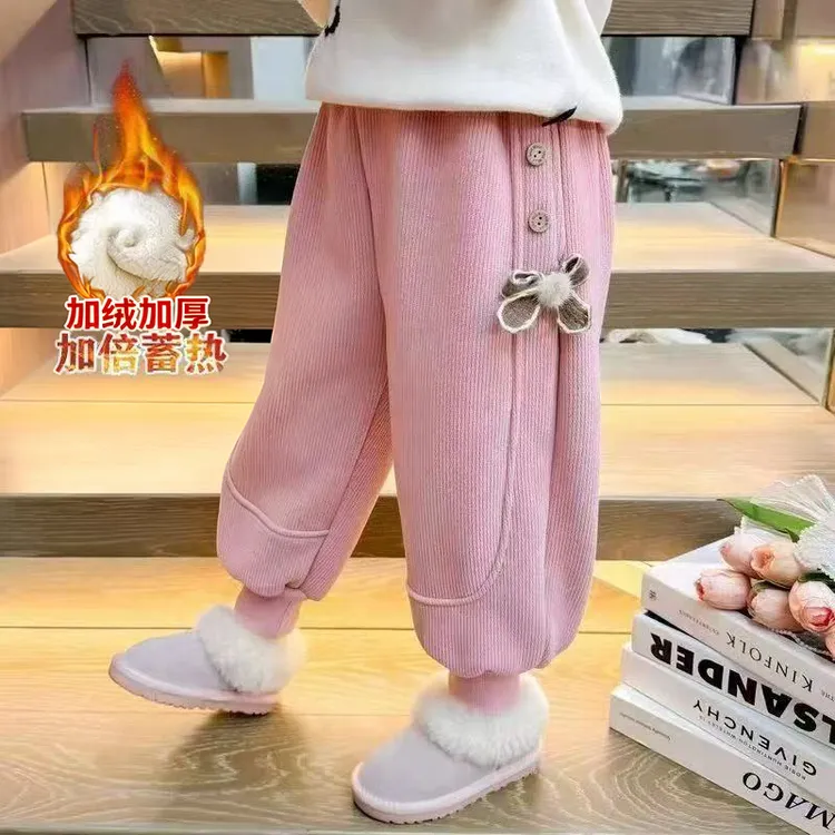 女童加绒裤子新款2025冬季加厚一体羔羔绒外穿保暖宝宝卫裤长裤