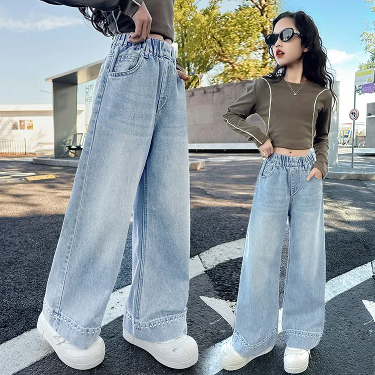 女童牛仔裤春秋款2025新款儿童洋气炸街直筒休闲阔腿裤中大童