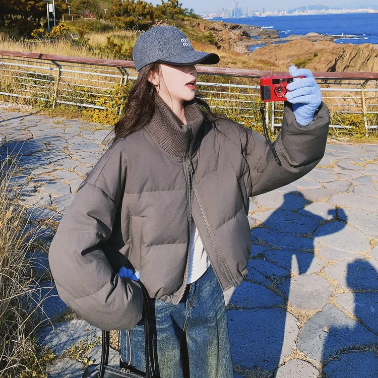 针织立领拼接短款羽绒服女2025冬季新款时尚通勤风90白鸭绒厚外套