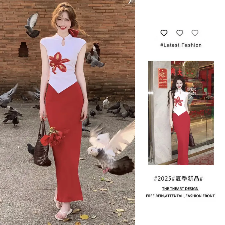 夏季穿搭一整套2025新款新中式印花短袖上衣气质开叉半身裙两件套