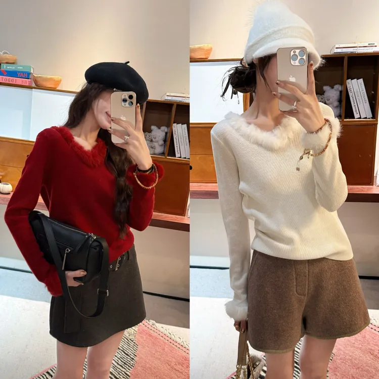 PCNY丨不理理「奶绒轻裘」拼接毛毛边V领满分绵羊毛针织衫