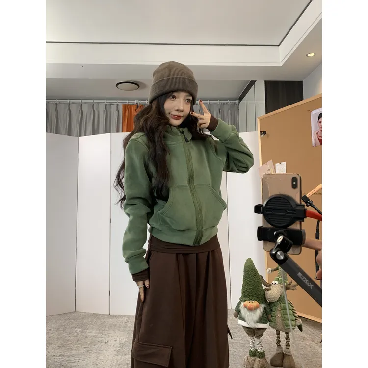 加绒加厚双面奥粒绒连帽外套女宽松百搭设计休闲百搭开衫上衣327