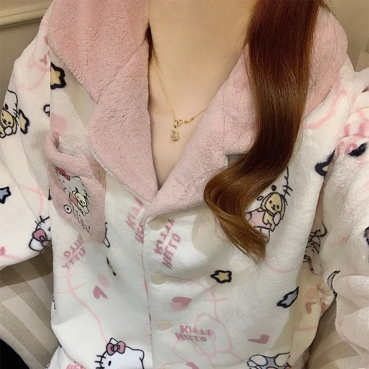 日系卡通风珊瑚绒睡衣女款冬季爆款加绒加厚法兰绒女士家居服套装