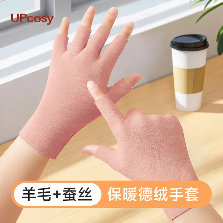 露指手套女办公打字可触屏室内保暖冬季2025新款半指德绒手套防寒