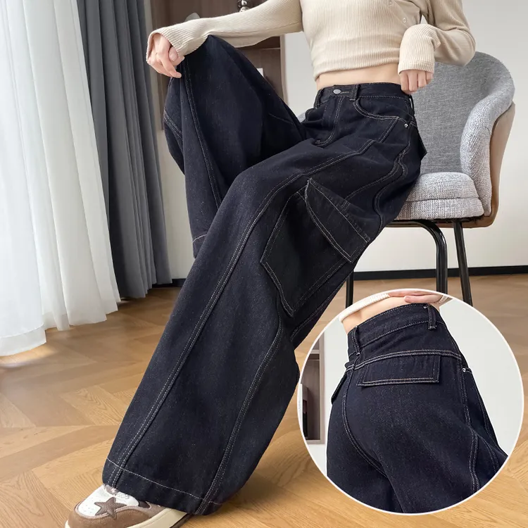蜜蜜穿搭加绒加厚黑金色工装弯刀牛仔裤女款2025冬季宽松镰刀裤子