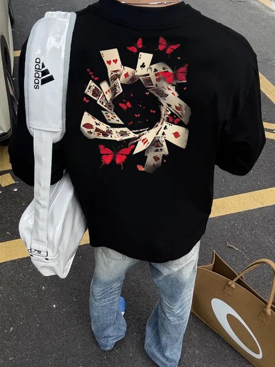 【重磅纯棉】入秋新款美式松弛感复古扑克印花潮牌港风长袖T恤