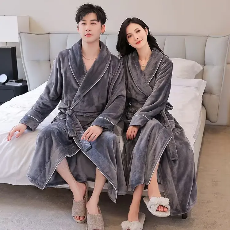 秋冬款情侣浴袍性感女睡袍加长加厚新款男士睡衣法兰绒加绒加大码
