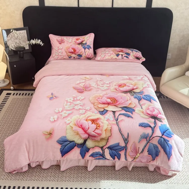 冬天加厚牛奶绒四件套5D立体印花加绒双面绒被罩家用双人被套床单